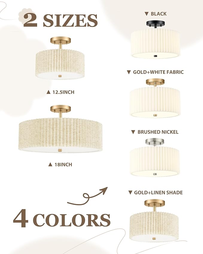 Gold Semi Flush Mount Ceiling Lights, 3-Light 12.5" Light Fixtures Ceiling Mount with Pleated Linen Fabric Shade, Drum Lighting Fixture for Hallway Nursery Bedroom Kitchen, AD-25036-3SF-GD-B