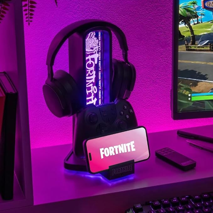 Paladone Fortnite 3-in-1 Headphone Stand and Tech Charging Station with Console Controller Cradle and 2 USB-C Ports RGB Colour Changing Light Panel Officially Licensed Gift for Gamers