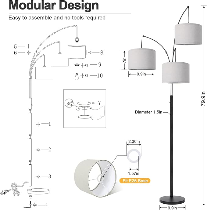 Dimmable Floor Lamp - 3 Lights Arc Floor Lamps for Living Room, 1000LM Modern Tall Standing Lamp With Gray Shades & Heavy Base, Mid Century Tree Floor Lamp for Bedroom Office, 3 LED Bulbs Included