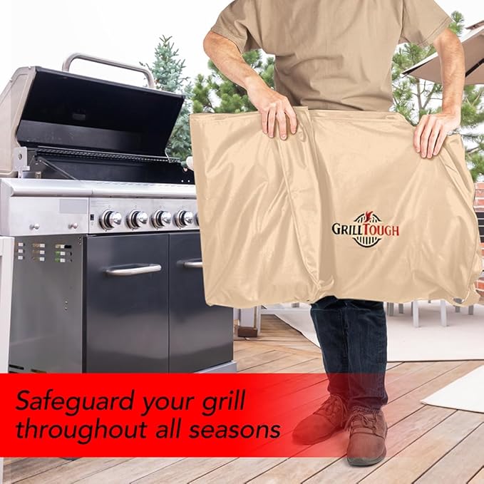 GrillTough Heavy Duty BBQ Grill Cover for Outdoor Grill, 64 Inch – Waterproof, Weather Resistant, UV & Fade Resistant with Adjustable Straps – Gas Grill Cover for Weber, Genesis, Charbroil, etc. Tan