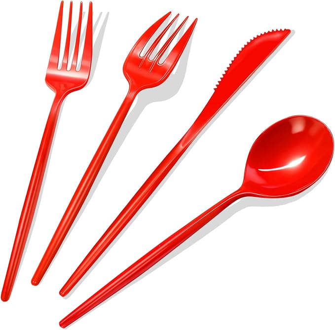Gudvilla 120pcs Red Plastic Silverware Set Sturdy Red Utensils Disposable Plastic Cutlery Heavy Duty includes Forks and Spoons and Knives Sets for Valentines Day Birthday Graduation Chinese New Year