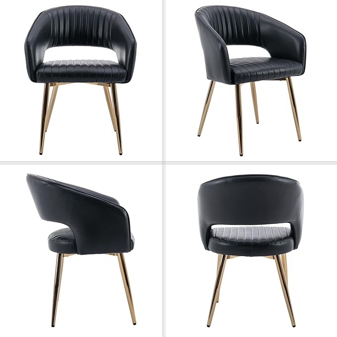 Modern Dining Chairs Set of 2, Upholstered PU Leather Gold Dining Room Chairs with Hollow Back, Accent Armrest Kitchen Chairs with Gold Legs for Living Room Black