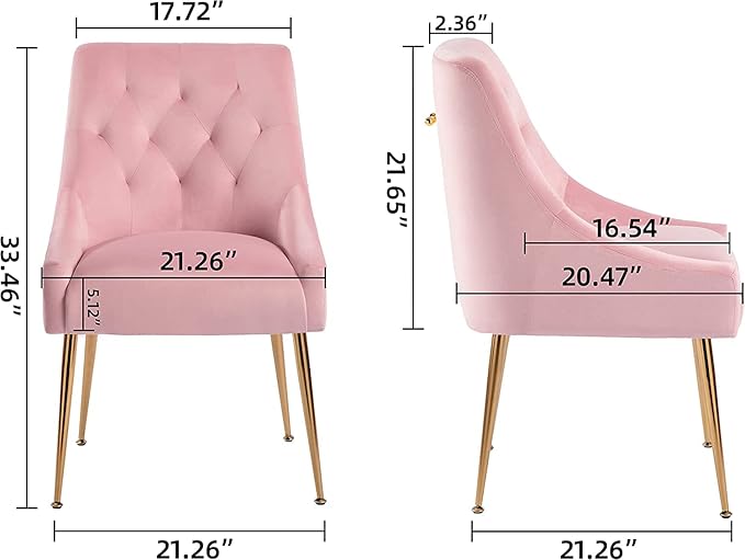Modern Dining Chairs Set of 6, Mid Century Chairs with 5.12” Cushions and Golden Legs, Velvet Upholstered Dining Chairs with Back Pull Rod, for Kitchen, Living Room, Pink