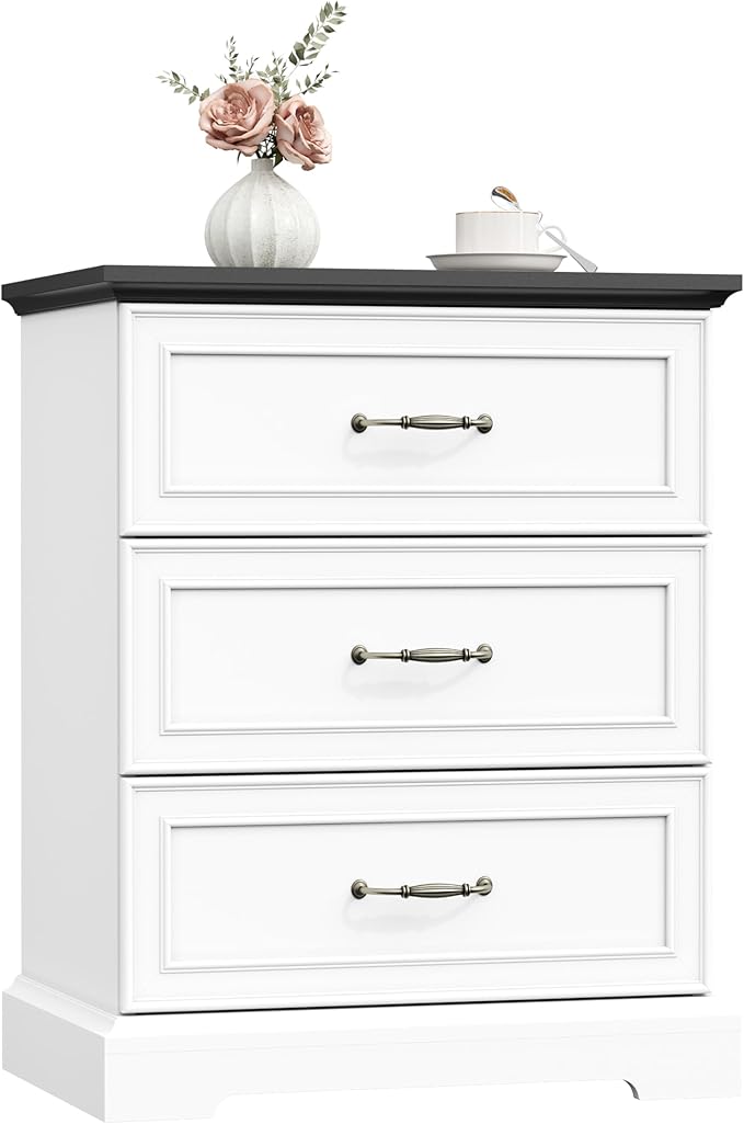 Nightstand with 3 Large Drawers,24" Wide End Table with Metal Handles,Rustic Farmhouse Wood Small Dresser,Bedside Table,Modern Chest of Drawers for Bedroom,Living Room,White