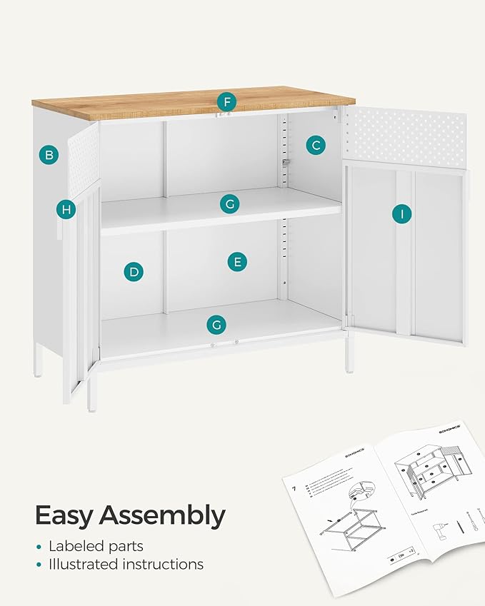 SONGMICS Set of 2 Storage Cabinets, Metal Cabinet, Sideboard with 2 Doors, 15.7 x 31.5 x 29.9 Inches, Magnetic Closure, Adjustable Shelf, Steel Frame, Natural Beige and White ULSC791W01