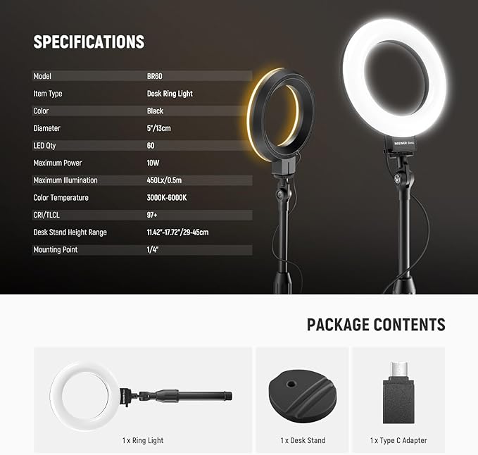NEEWER Basics 5"/13cm Desk Ring Light with Stand, Phone Holder Base, 10W LED Selfie Light Compatible with iPhone for Video Recording Laptop Webcam Zoom Video Conference Lighting Makeup, Black BR60