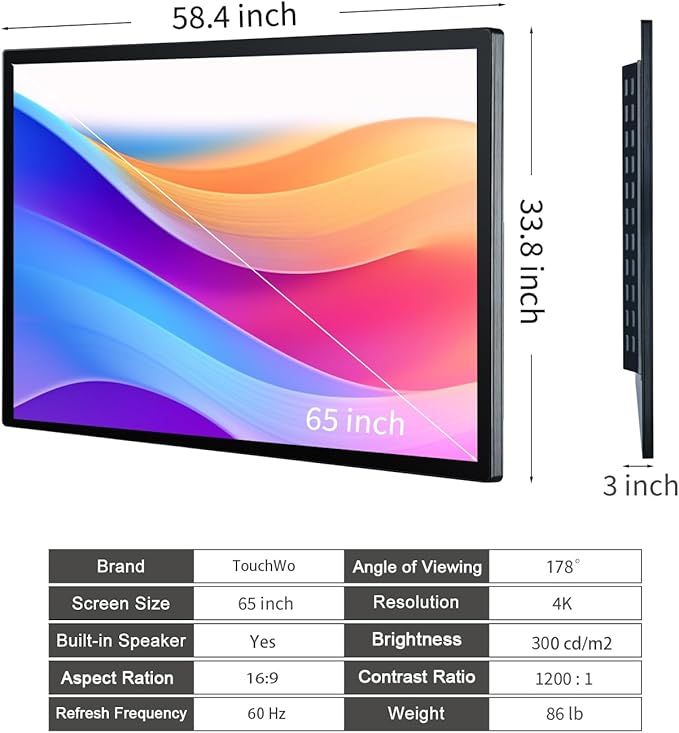 TouchWo 65-inch Interactive Touchscreen Monitor, Electronic Whiteboard Touch Screen with 4K Display, Smart Board for Home Office and Classroom, Bundled Android 14, RAM 4G & ROM 32G