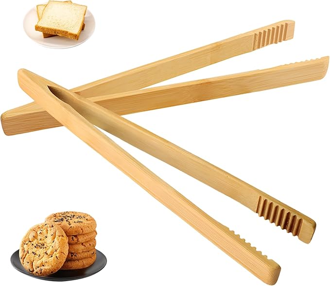 4 Pieces Natural Bamboo Toaster Tongs,Two Bamboo Toast Tongs of different lengths(9.8-Inch & 7.8-Inch),Long Tongs with Anti-slip Design,Heat-Resistant for Cooking and Serving