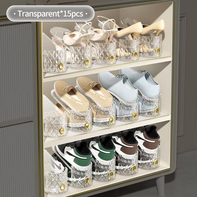 Shoe Slots Organizer, Adjustable 15 Pack Shoe Stacker for Closet Storage, Clear Double Layer Space Saver, Durable and Stackable Shoe Holder for Sneakers Heels and Flat