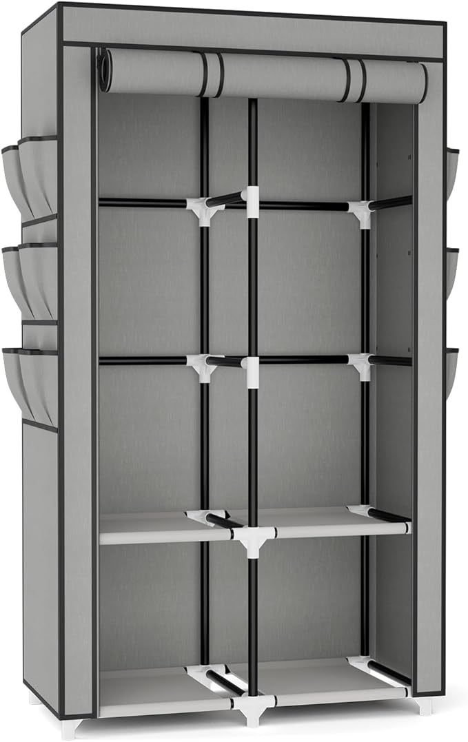 VTRIN Portable Closet Wardrobe for Hanging Clothes with 4 Storage Shelves, 2 Hanging Rods and 6 Pockets, Stable and Easy Assembly Clothes Rack with Cover Free Standing Closet for Bedroom, Grey