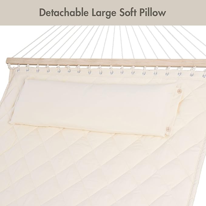 ANOW Two Person Hammock with Spreader Bars and Detachable Pillow, Heavy Duty Hammock for Outdoors Indoors, 450 LBS Weight Capacity, Cream