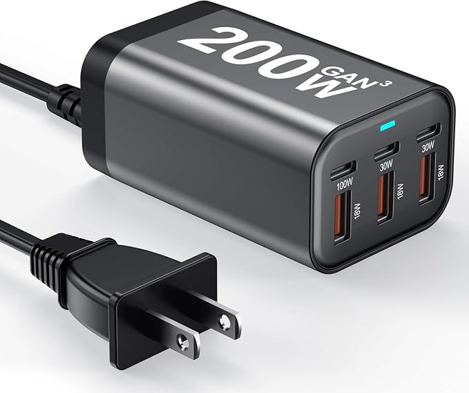 USB-C GaN Charger Block Fast Charging Station Multi-Device Power Hub with USB-C & USB-A Ports for MacBook iPhone Samsung Laptop Smart Power Distribution Compact Design USB-C Cables Include