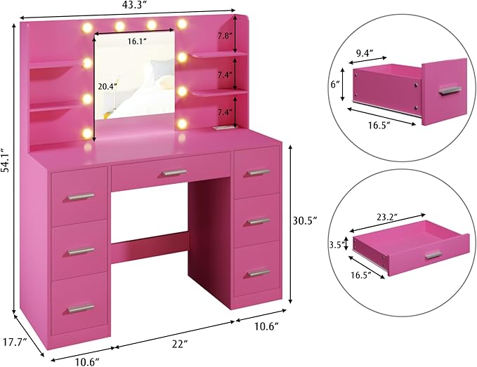 YESHOMY Vanity Desk with Mirror, Power Outlet and 10 Lights, Makeup Table with 7 Drawers, 3 Color Modes Available for Bedroom, Rose Pink
