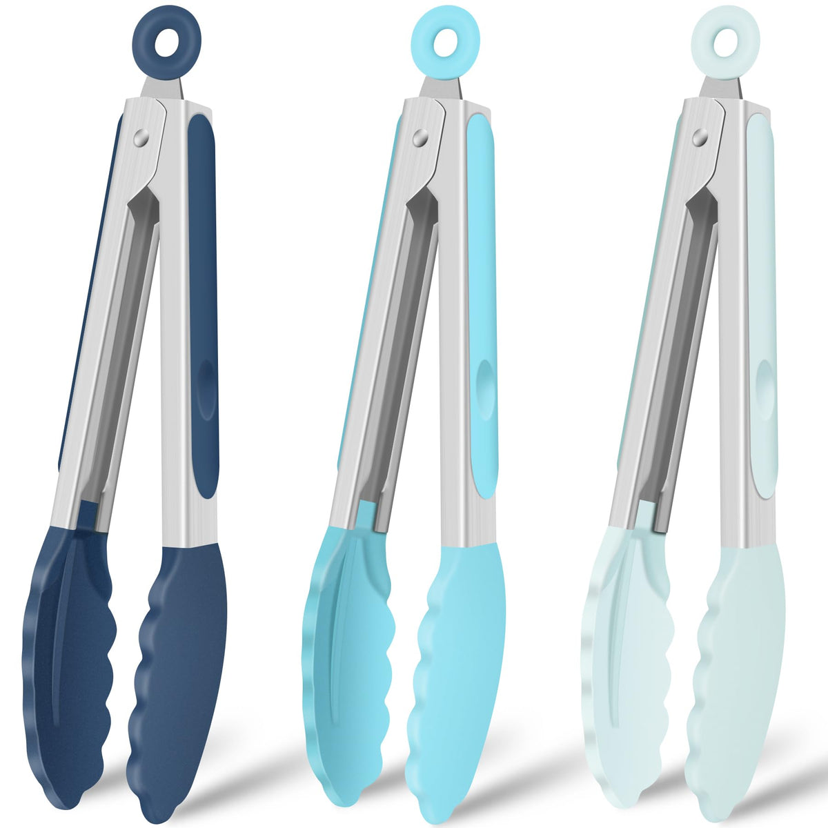 Hotec Silicone Serving Tongs for Cooking 9-Inch Kitchen Tongs with Silicone Tips, Set of 3 (Red Blue Green)