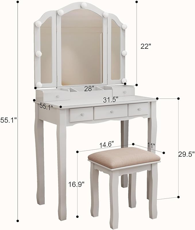 Vanity Desk with Mirror and Lights, Kids Vanity with Lights,5 Drawers and Cabinets White Vanity with Lighted Mirror Vanity Desk and Chair for Bedroom