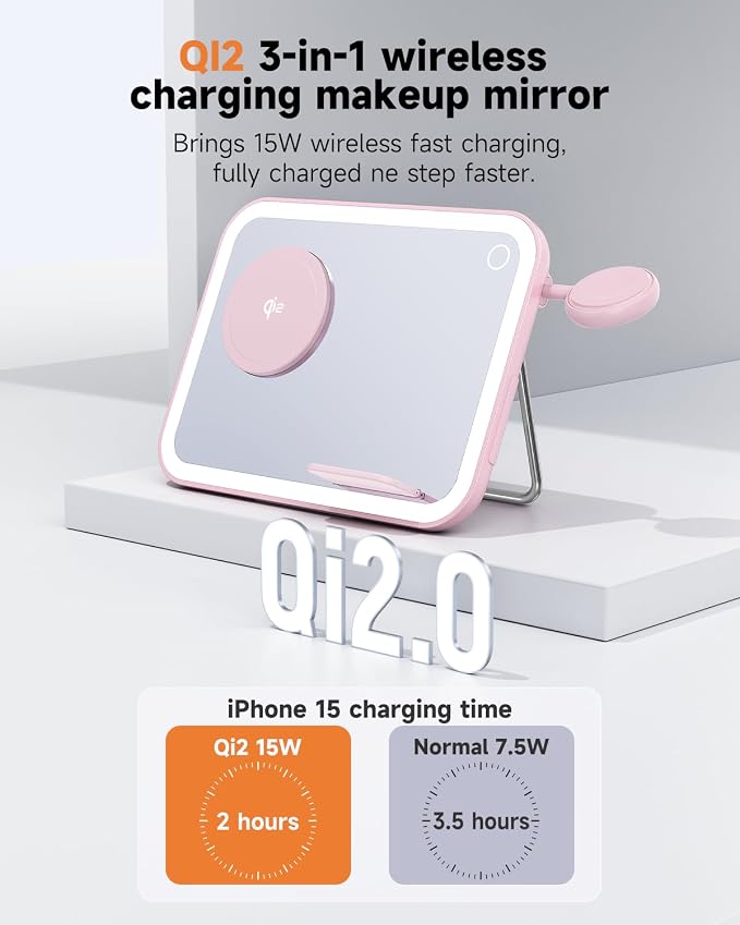 Tron 3 in 1 Qi Wireless Charger Mirror Pink Include led 6 ft Led Cable and 25w Power Adapter. Pink Color