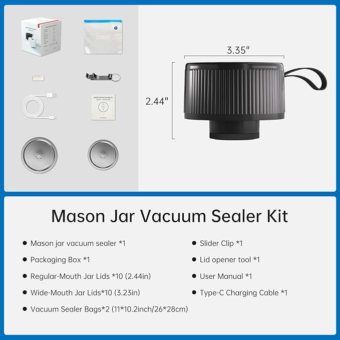 Electric Mason Jar Vacuum Sealer Kit, 3-in-1 Handheld Jar Sealer, Black