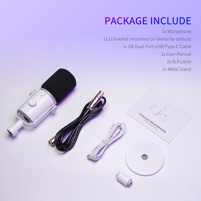 FEELWORLD PM1 XLR USB Dynamic Microphone with Desktop Stand Gifts for Podcast Recording PC Computer Gaming Streaming Vocal Voice-Over, Studio Metal Mic, RGB Light, Mute Button, Headphones Jack (White)
