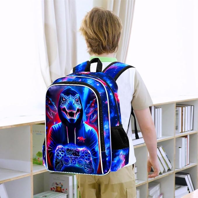 gxtvo 3PCS Kids Dinosaur Game Bookbag, 17" Boys Dino Backpack with Lunch Box, Water Resistant Middle Elementary School Bag - Dinosaur Game