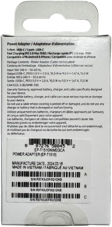 Samsung 15W Wall Charger Type C Only (Cable not Included) International Model - White EP-T1510NWEGCA