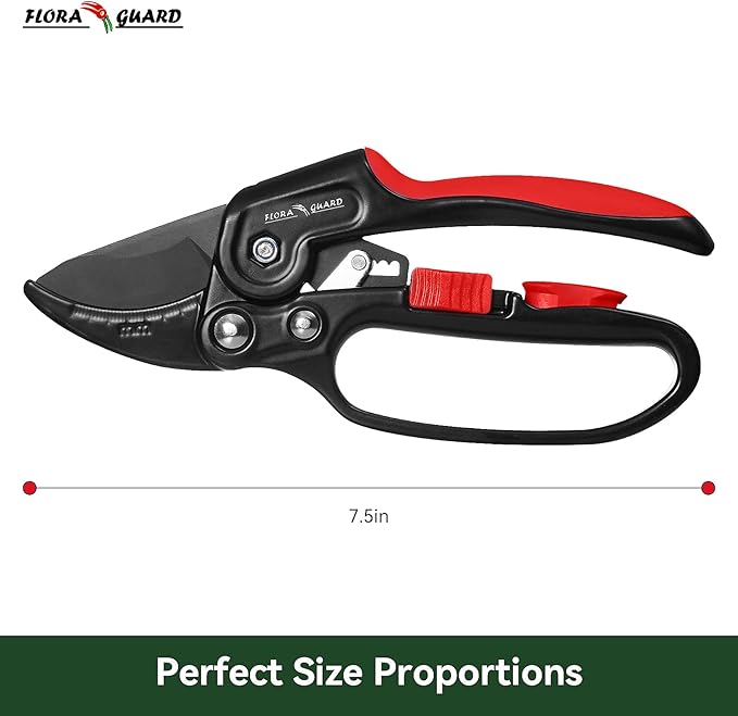 FLORA GUARD Ratchet Pruning Shears, Professional Garden Clippers, Increases Cutting Power 3x, Sharp Gardening Scissors, Cutting Rose, Flower, Hedge, Stem, Tree, Perfect for Weak Hands & Arthritis