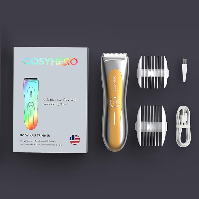 COSYHERO Manscape Groin & Body Hair Trimmer for Men, Electric Ball Shaver & Pubic Grooming Kit, LED Light, IPX7 Waterproof Wet/Dry Groomer, Rechargeable Manscaper with Ceramic Blades (Gold)