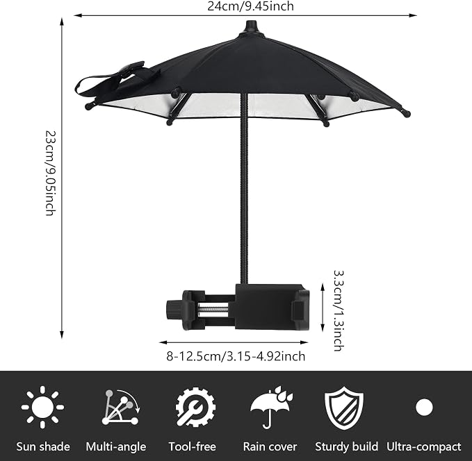 Fixed Clip-on Phone Umbrella for Sun with Flexible Adjustable Handle Mini Strong Clip Cell Phone Umbrellas Sun Shade Anti Sunlight and Glare fits for Universal Smartphones