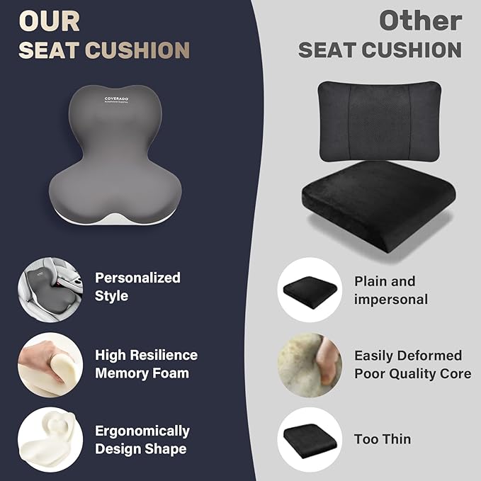 Coverado Upgraded Car Seat Cushion and Lumbar Support Pillow One Piece, Memory Foam Ergonomic Back Support Driving Seat Cushion for Back Pain, Non-Slip Washable Cushion for Car, Driver, Office