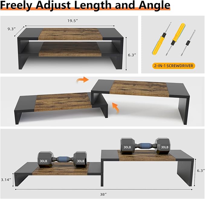 WESTREE Dual Monitor Stand - Riser 2 Shelf Computer with Adjustable Length and Angle, Stands for Monitors, Desktop Organizer PC, Computer, Laptop