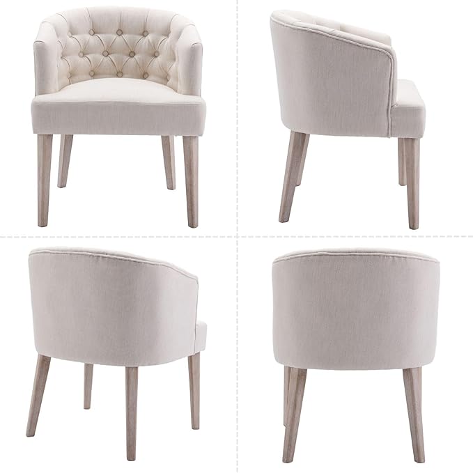 DUOMAY Modern Tufted Dining Chairs Set of 6, Linen Upholstered Side Chair, Comfy Accent Barrel Chair with Wood Legs for Home Kitchen Dining Room Living Room Restaurant, White