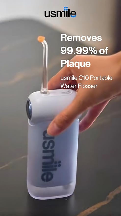 usmile C10 Portable Water Flosser – Travel-Friendly, 95-Day Battery, 4 Modes, 360° Nozzle, 180ml Tank, IPX7 Waterproof, Dentist-Recommended for Braces, Implants & Sensitive Gums (Blue)