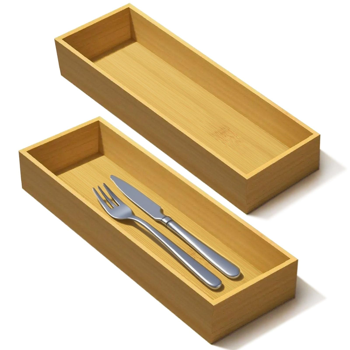 guiogc Bamboo Drawer Organizer, Utensil Organizer for Kitchen, Bamboo Storage Box Wood Silverware Tray for Drawer Set of 2