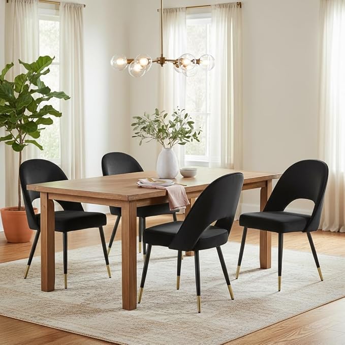 LukeAlon Mid Century Modern Dining Chairs Set of 2, Velvet Upholstered Open Back Kitchen Chairs with Gold Metal Legs, Armless Side Chairs for Dining Room, Living Room, Luxurious Black