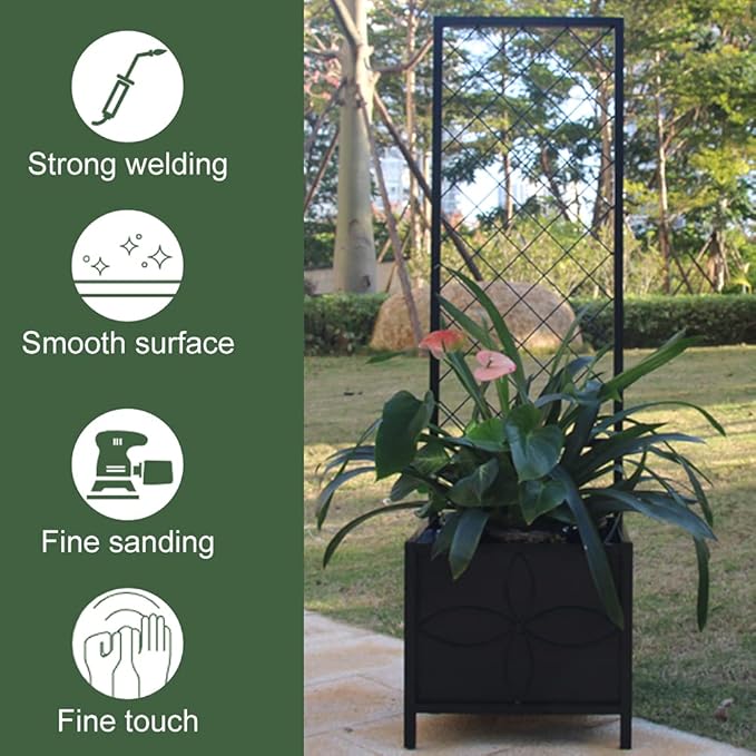 Zhongma 15.75 x 15.75 x 55 in Raised Garden Bed with Trellis,Heavy Duty Plant Box for Climbing Plants with Drainage Hole, Metal Lattice Planter Gardon Box with Inner Fabric Liners.