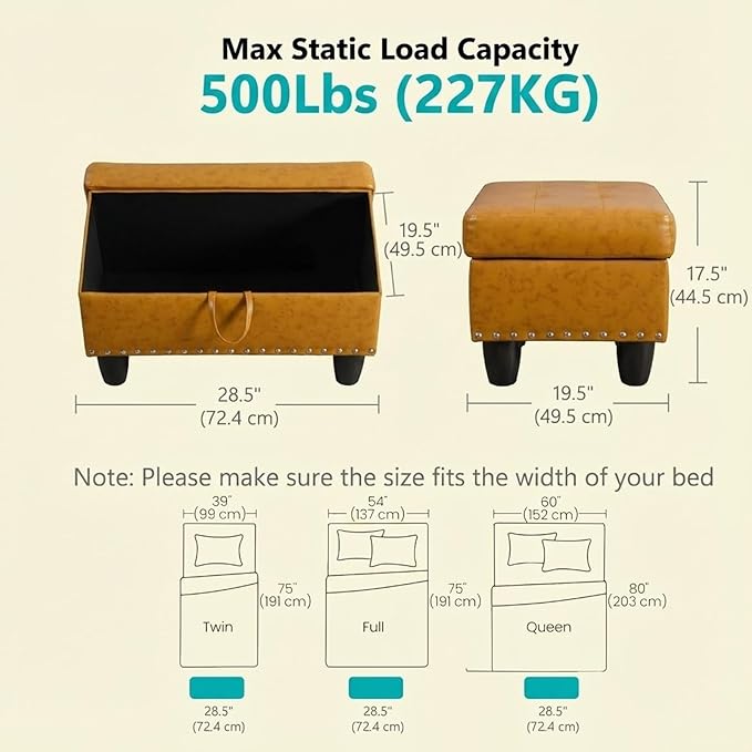Simple Deluxe Ottoman with Storage Bench Chair, 28.5"L x 19.5"W x 17.5"H Foot Rest Stools with Synthetic Leather,Ottoman Storage Chest Box with Padded Seat for Bedroom, Living Room, Entryway,Yellow