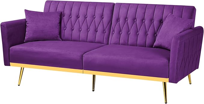 70” Velvet Futon Sofa Bed with 2 Pillows and Adjustable Armrests, Convertible Sleeper Bed W/Adjustable Backrests, Modern Loveseat for Living Room, Bedroom, Purpel