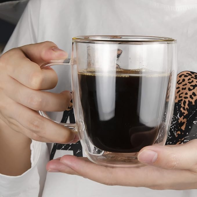 Glass Coffee Mug, Double Wall Insulated Glass Cup 12 Oz Heat-resistant Clear Coffee Mug for Tea Coffee Latte Espresso Cappuccino and Beverage, Set of 1 (Round)