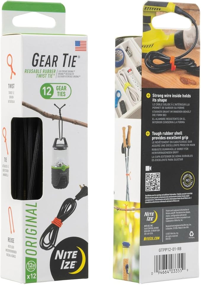 Nite Ize Original Gear Tie - 12-Inch Reusable Rubber Twist Tie - Reusable Gear Ties - Electric Cord Organizers - Twist Ties for Cords - Reusable Zip Ties - Black, 12-Inch, 12 Pack