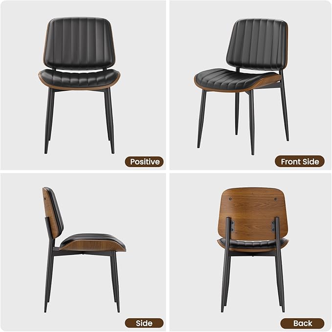 Dining Chairs Set of 4, FSC Certified Mid Century Modern Dining Room Kitchen Chairs, Upholstered PU Leather Vertical Stripe Chairs for Vanity with Walnut Bentwood and Metal Legs, Black