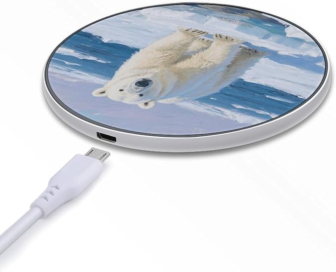 Arctic Polar Bear Wireless Charger with USB CableAluminum Alloy Frame 10W Max Compatible Fast Wireless Charging Pad- 3.2ft Cable Included for Travel Home Office Desk