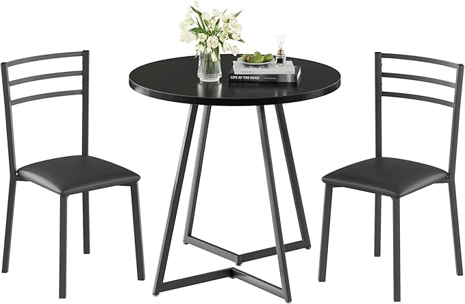 VECELO Round Dining Table Set for 2, Heavy-Duty Metal Frame & Upholstered Chair for Breakfast Nook, Kitchen, and Small Space, Matte Black