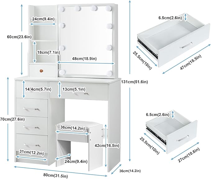 Makeup Vanity Desk with Mirror and Lights,White Vanity with 6 Drawers 6 Storage Shelves 1 Chair,3 Lighting Colors Adjustable,31.5" L*14.2" W*51.2" H