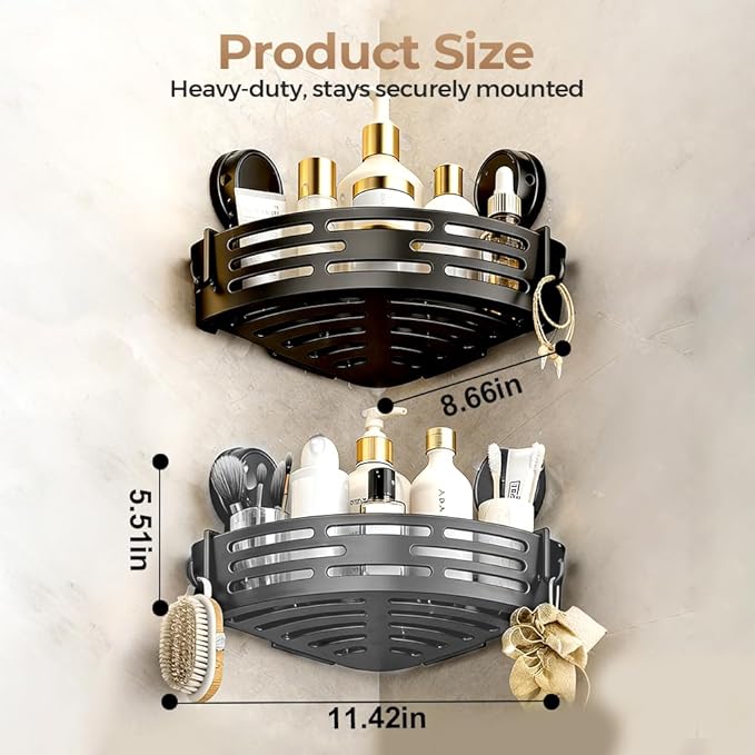 Triangle Suction Cup Corner Shelves, 2026 No Drilling Bathroom Storage Rack, Corner Shower Shelf Suction Cup Shower Caddy Corners Organizer Storage Rack Adhesive with Towel Bar (black, Double-layer)