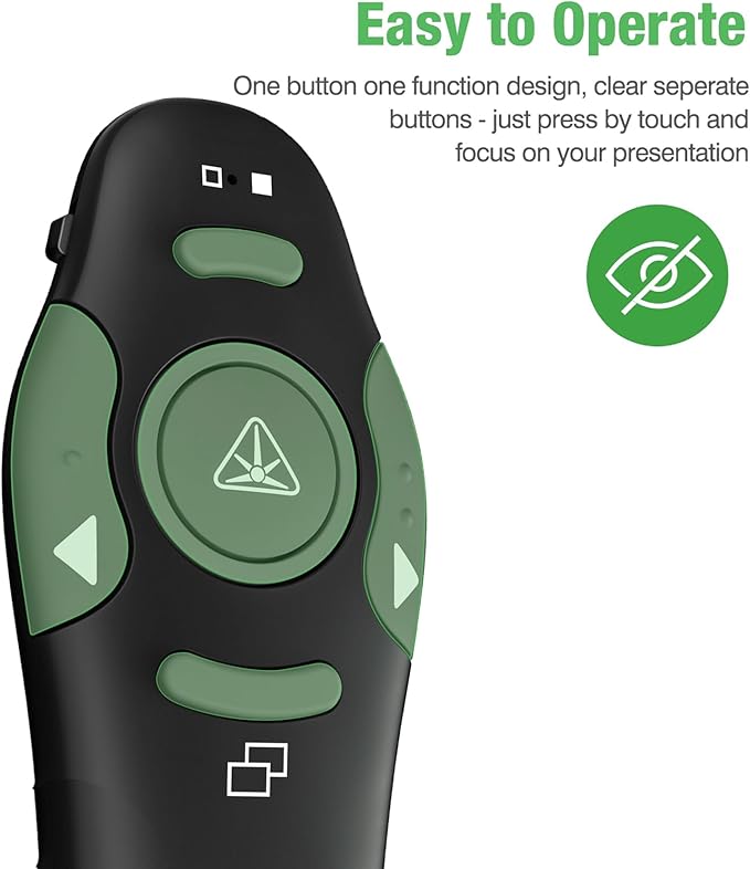 DinoFire Green Presentation Clicker Wireless Presenter Remote, RF 2.4GZ Rechargeable USB Slide Clicker for Powerpoint Presentation Computer Laptop