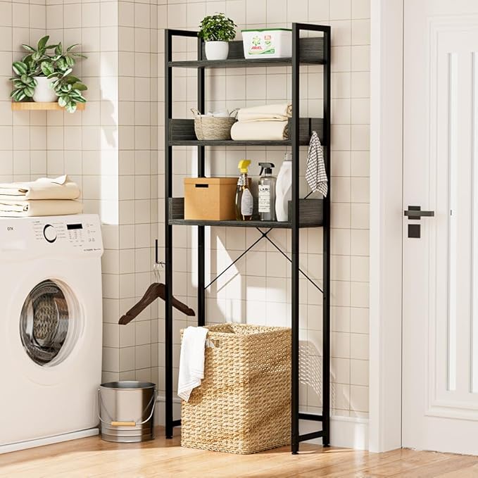 OTK Over-The-Toilet Storage, 3 Tier Bathroom Organizer Shelf, Freestanding Space Saver with Toilet Paper Holder, Multifunctional Over The Toilet Rack, Dark Grey