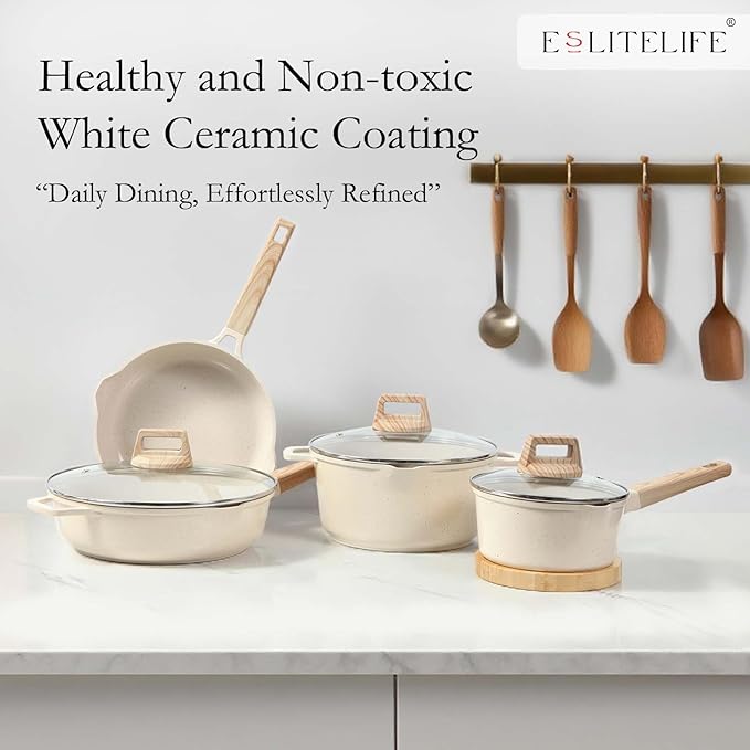 ESLITE LIFE Nonstick Cookware Sets, 7 Pcs Ceramic Coating Pots and Pans Set Kitchen Cooking Set, Compatible with All Stovetops (Gas, Electric & Induction), PFOA Free, White