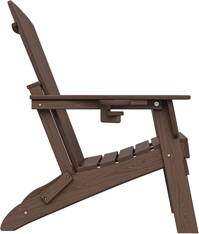 Plawdlik Folding Adirondack Chair, SGS Tested, Wooden Textured with Cup Holder, Heavy All-Weather HDPE Comfortable Set Poolside Backyard Lawn Coffee