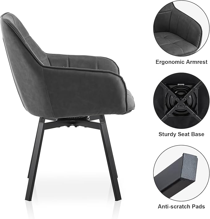 TUKAILAi Modern Swivel Armchairs Set of 6, Faux Leather Upholstered Accent Dining Chairs with Metal Legs, Rotatable Desk Chair for Home Office Kitchen Vanity Guest Reception Restaurant (Grey)