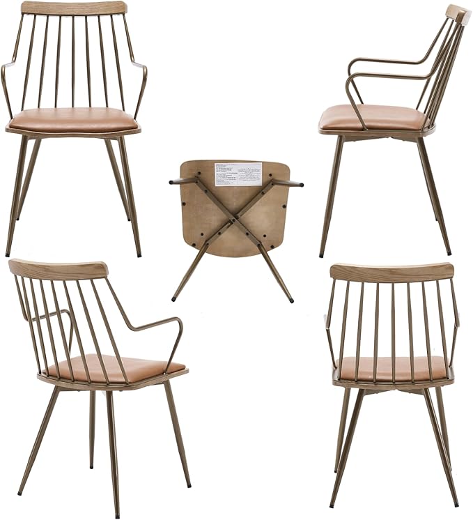 Modern Dining Chairs Set of 6, PU Upholstered Dining Chairs with Metal Legs, Wood Kitchen Chairs with Fence-Like Back and Curved Arm for Dining Room Kitchen Restaurant Reception (Brown)