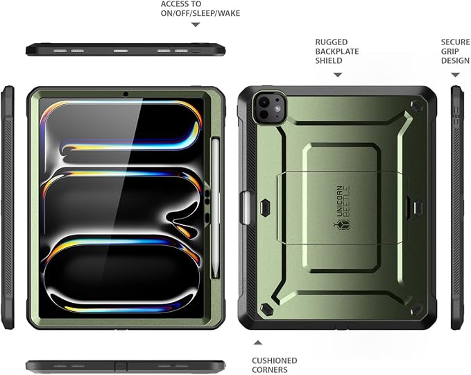 SUPCASE for iPad Pro 11 inch Case M5/M4 2025/2024 with Pencil Holder Black | Built-in Screen Protector Built-in Stand Support Apple Pencil's Wireless Charge Heavy Duty Protection Unicorn Beetle Pr